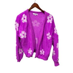 Daisy Floral Printed Fuzzy Cardigan in Bright Purple